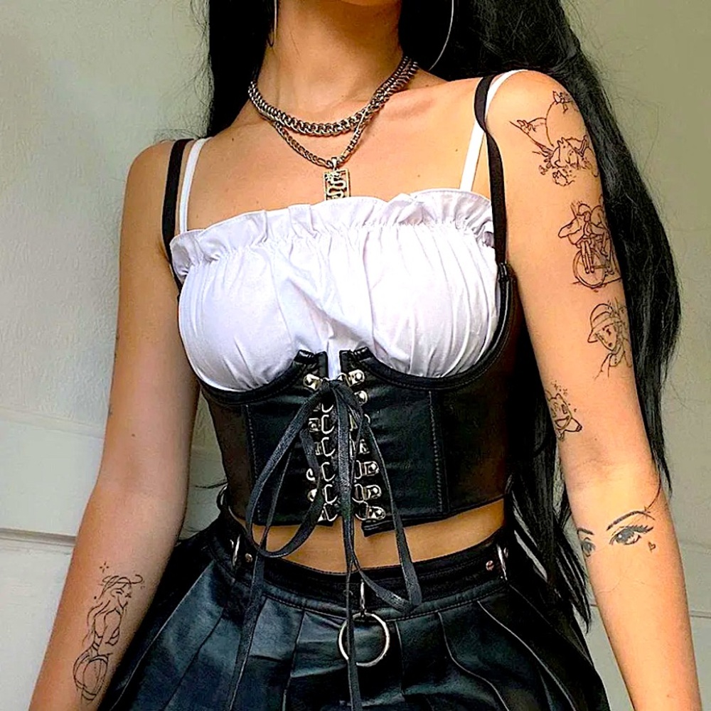 Faux leather push up lace up corset